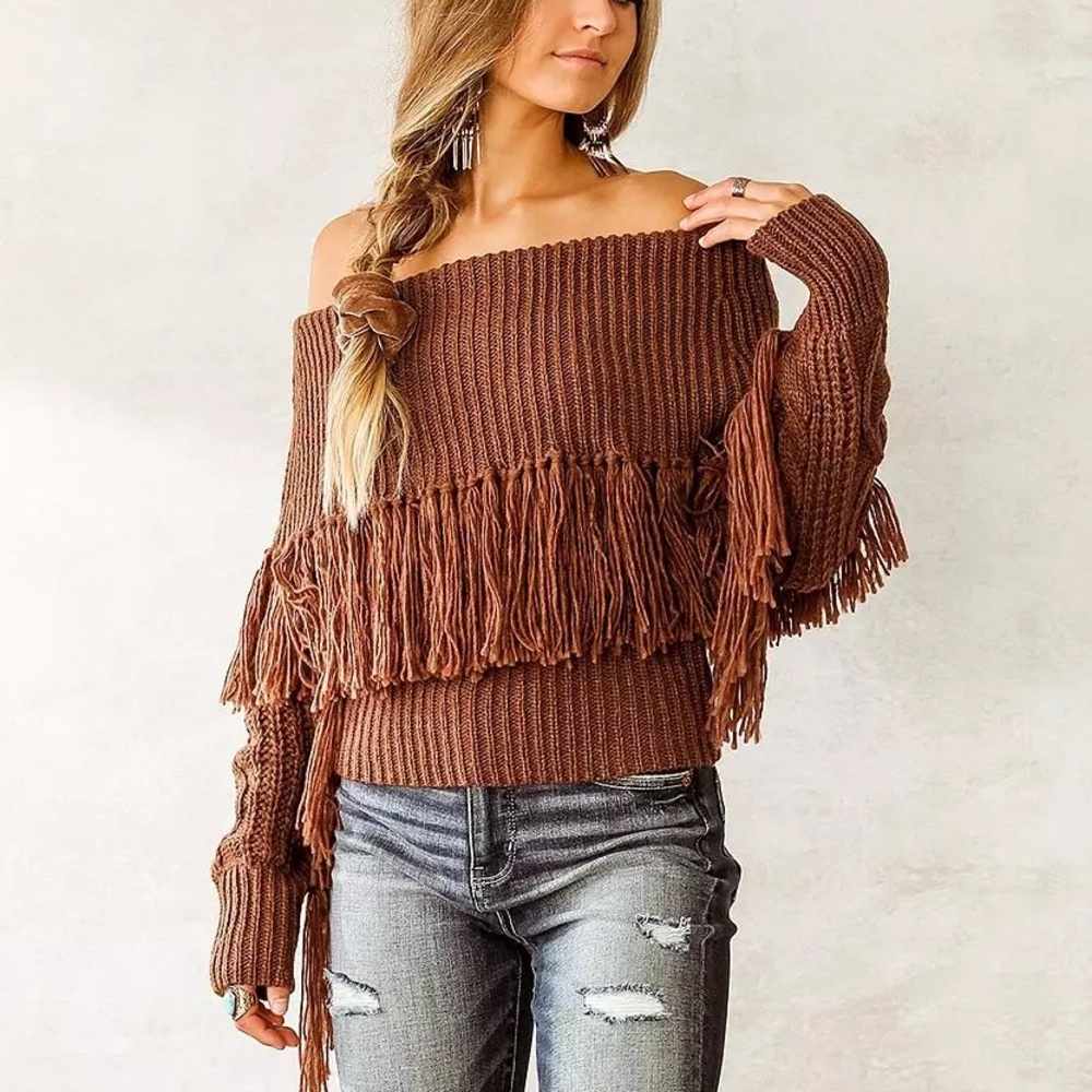 Willow-Root from Buckle, size L, off the shoulder/cowl neck fringe sweater NWT